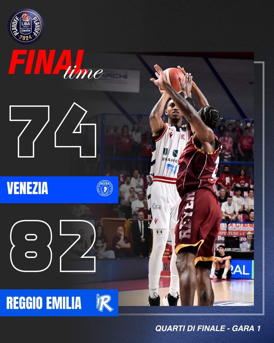 La @PallacReggiana a lungo avanti, 35-42, poi 61-70. Sul 66-74 la @REYER1872 pareggia 74-74 ma contro parziale decisivo. Smith 25p, 5/6 da tre. Galloway 18p, Black 10p+7r. Venezia: Kabengele 14p+9r, Wiltjier 13p. Tra 48 h gara 2 sempre al Taliercio #TuttoUnAltroSport @LegaBasketA