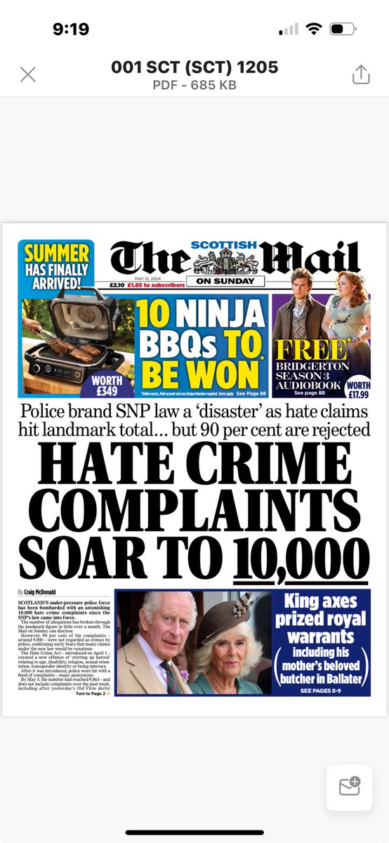 Your Scottish Mail on Sunday front page. Hate crime complaints soar to 10,000 and King axes prized royal warrants.