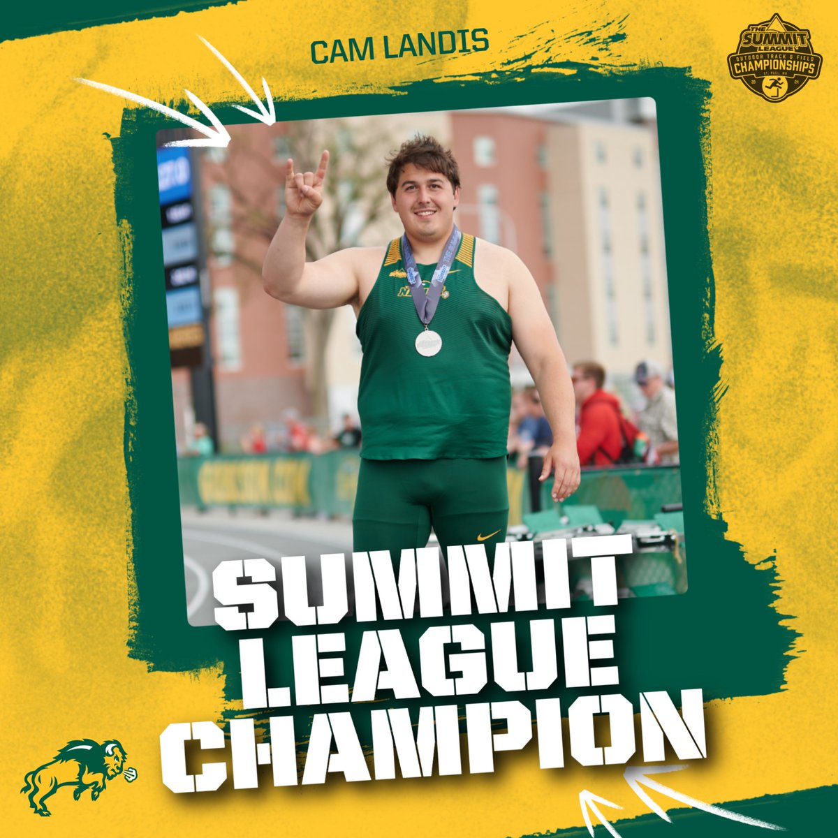 🥇 CHAMPION 🥇 Cam Landis wins his 2nd event of the meet, capturing the Summit League title in the discus with a career-best throw of 173-2 (52.78m)! He's No. 9 on the NDSU all-time list.
