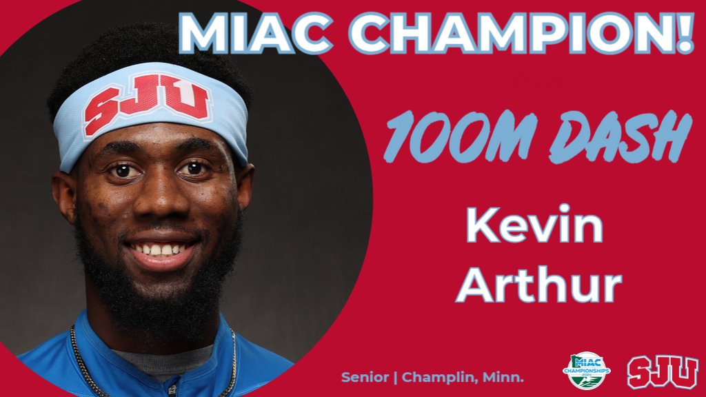 MIAC CHAMPION! Senior Kevin Arthur wins his 3rd-straight MIAC title in the 100-meter dash - SJU's 6th-consecutive in the event - with a personal-best time of 10.32 seconds! #GoJohnnies #d3tf