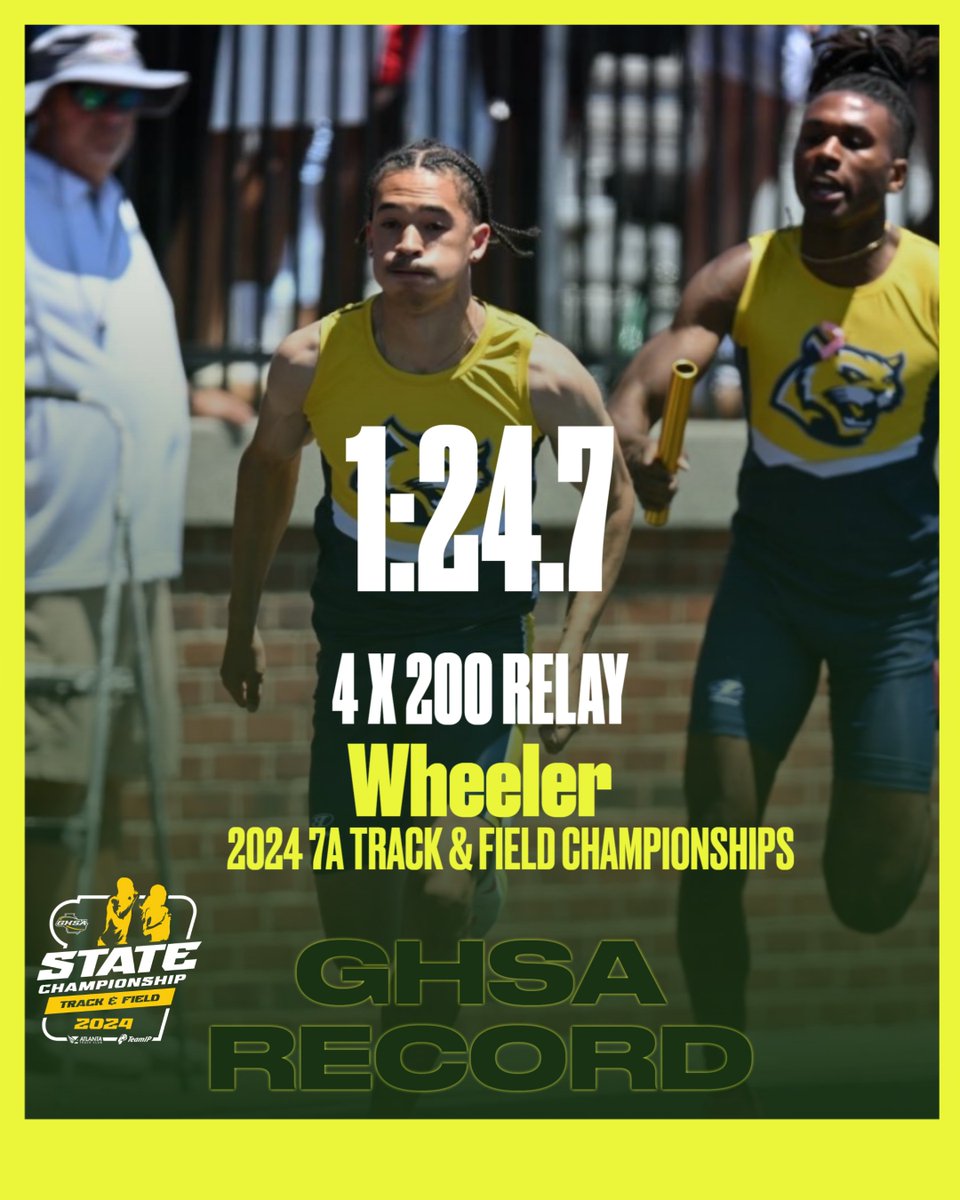 NEW GHSA RECORD! @Wheeler_High's 4x200 Relay Team sets a new GHSA mark with a time of 1:24.67. The old mark of 1:25.28 was posted by Campbell in 2022. Congratulations to the Wildcats' relay team of Shemarr Session, Ephraim Riddick, Joseph Oliver, & Ja'von Broussard!