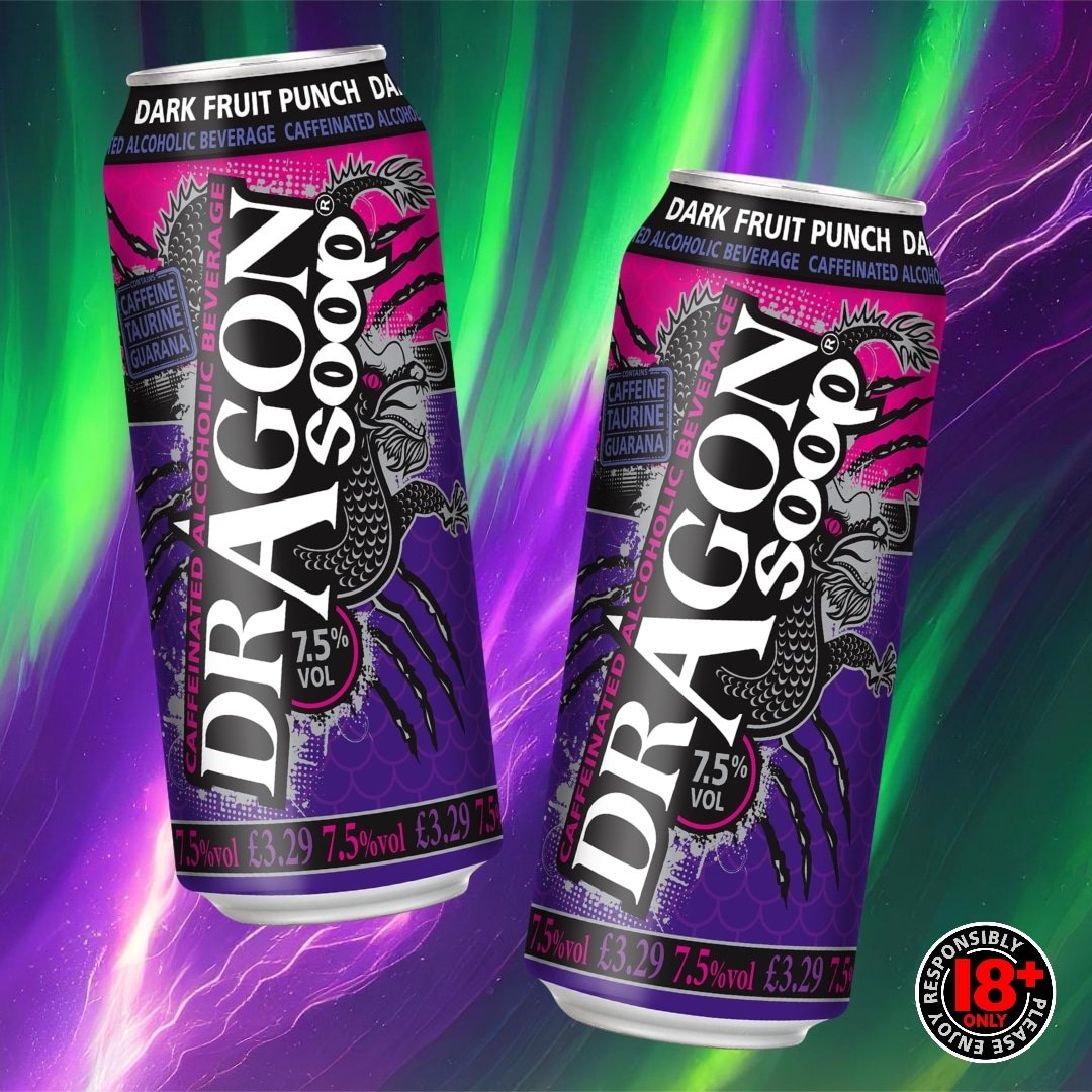 Electrifying... 💜💚 >> dragonsoop.com/stockists 7.5% ABV. Contains Caffeine, Taurine & Guarana. 18+ only. Please enjoy #dragonsoop responsibly