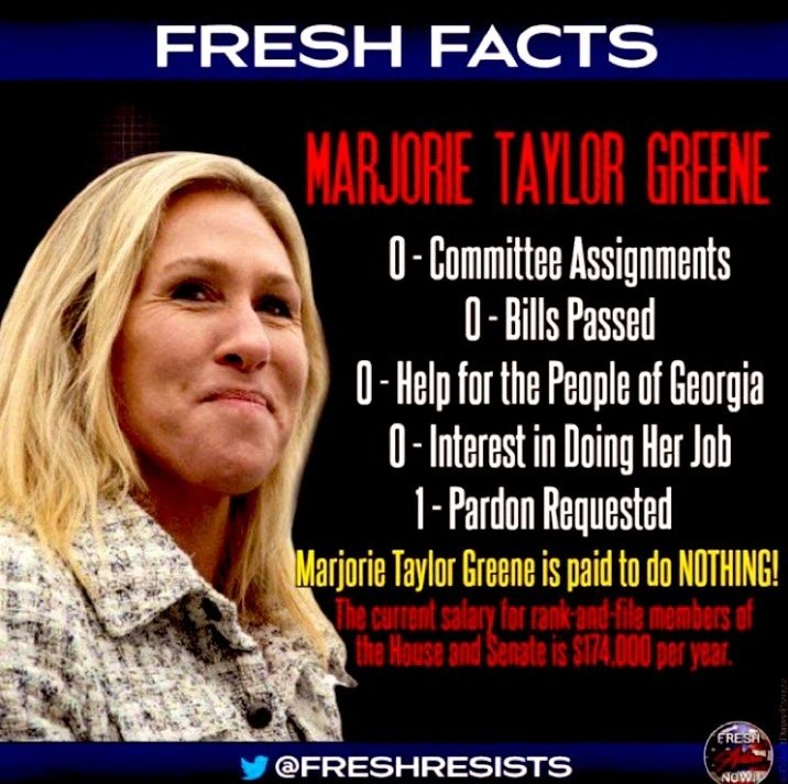 @RepMTG Why did you ask for a PARDON Marge???  Innocent people don't ask for Pardons!  #ExpelMarjorieTaylorGreene
