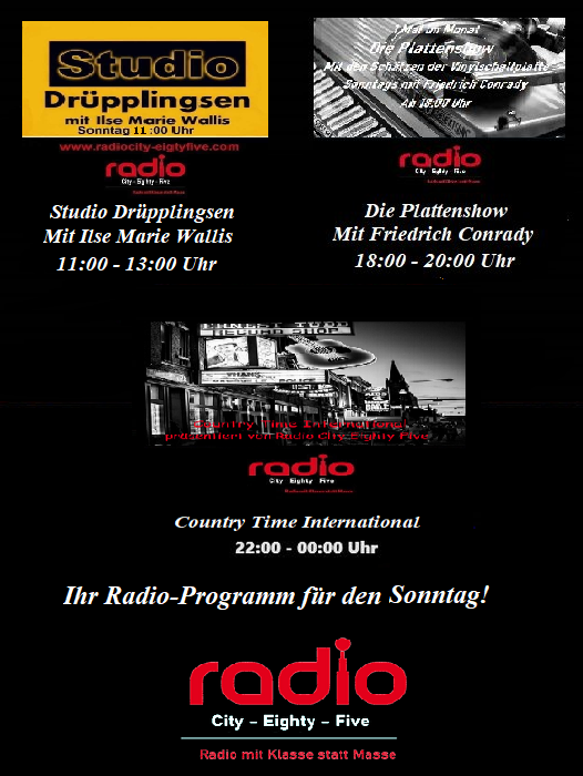 RadioCity1985's tweet photo. Das heutige Abendprogramm bei Radio City Eighty Five am Sonntag, den 12.05.2024!Studio Drüpplingsen von 11-13 Uhr mit Ille. Die Plattenshow von 18-20 Uhr mit Friedrich. Country Time International von 22-00 Uhr (unmoderiert). Unserer HP https://t.co/w0fCuNEUju https://t.co/MfO2Kbjpnx