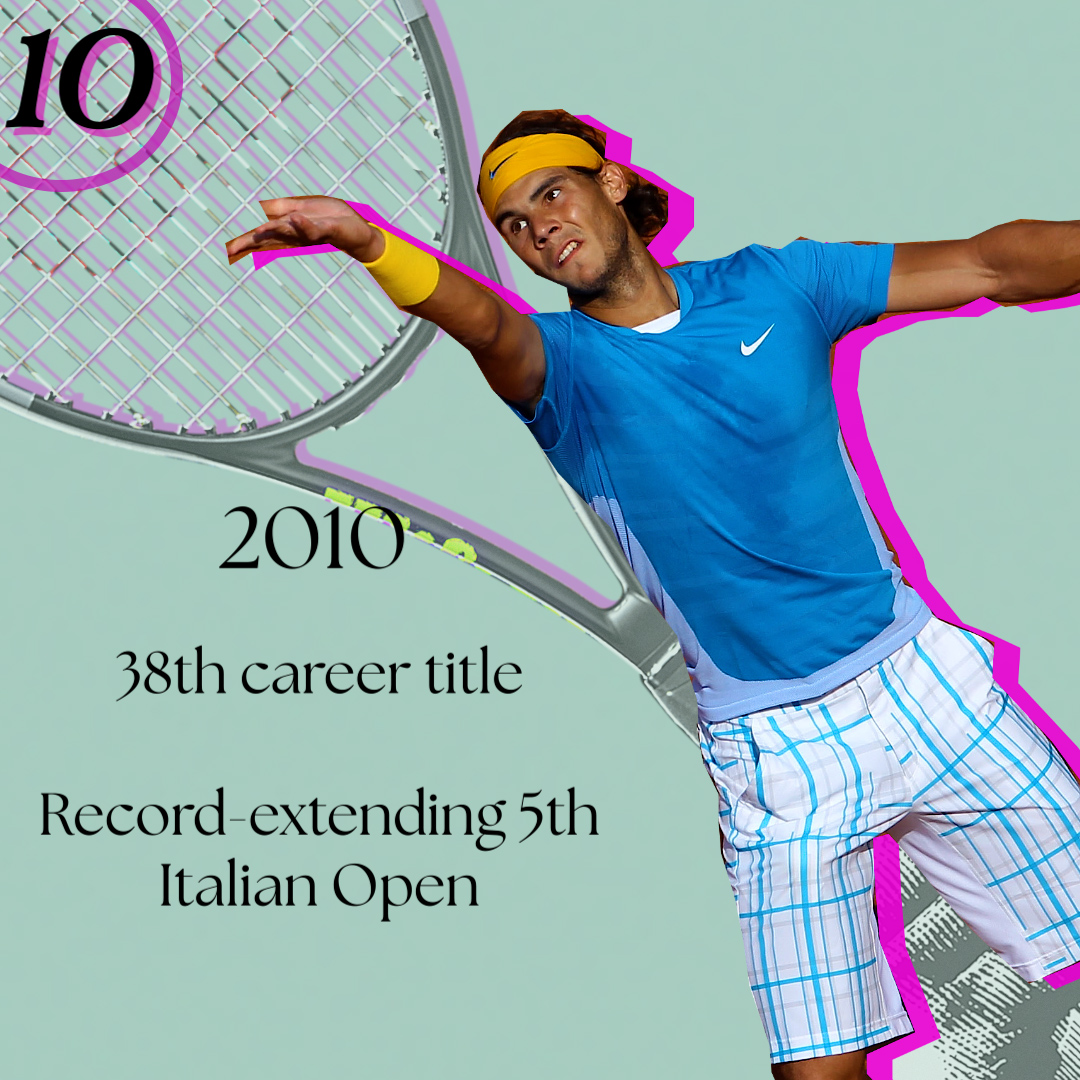 2010- Nadal had just snapped an almost year-long title drought in Monte Carlo the week prior. He'd beat fellow Spaniard David Ferrer in the final to win a record-extending 5th Italian Open crown.