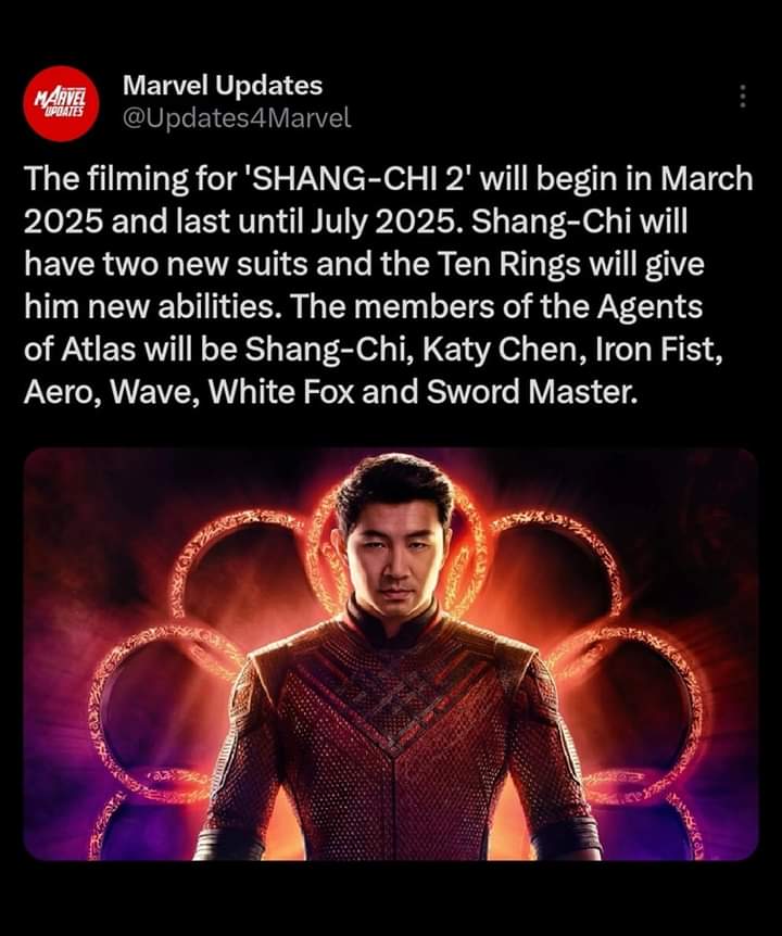 Marvel Studio has announced that the filming for the upcoming Marvel movie of SHANG-CHI 2 will begin in March 2025 and last until July 2025. Shang-Chi will have two new suits, and the Ten Rings will give him new abilities. Stay tuned for more marvel movies news.