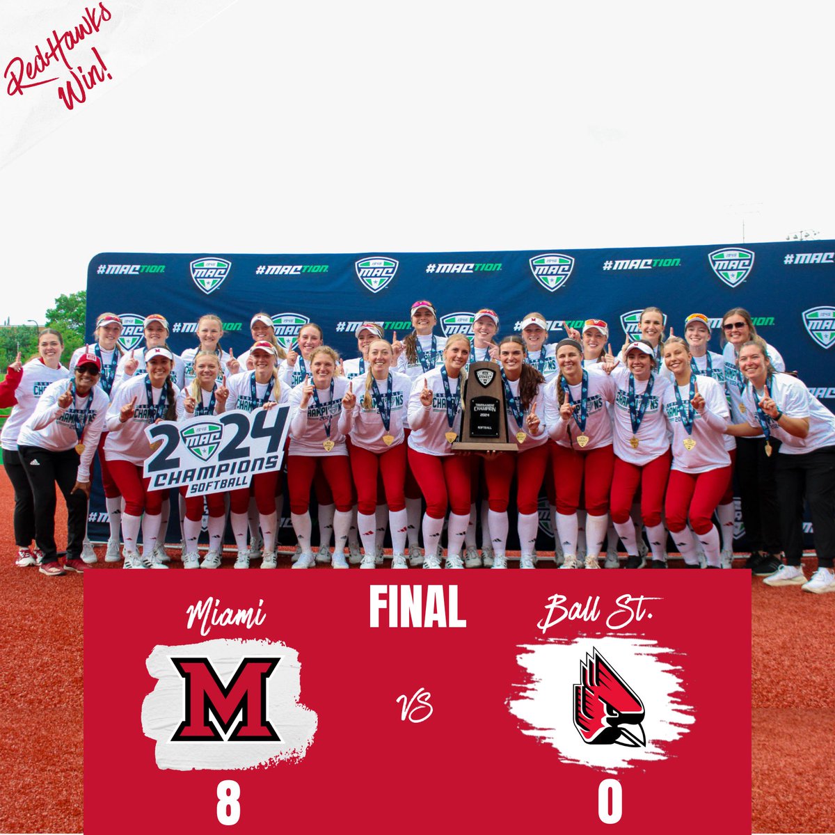 With a shut out against Ball St. the RedHawks are MAC champions again! #RiseUpRedHawks 🔴Fourth mac tournament championship title in a row 🔴Reagan Bartholomew had the walk off homer 🔴Addy Jarvis got the complete game win, allowing only one hit