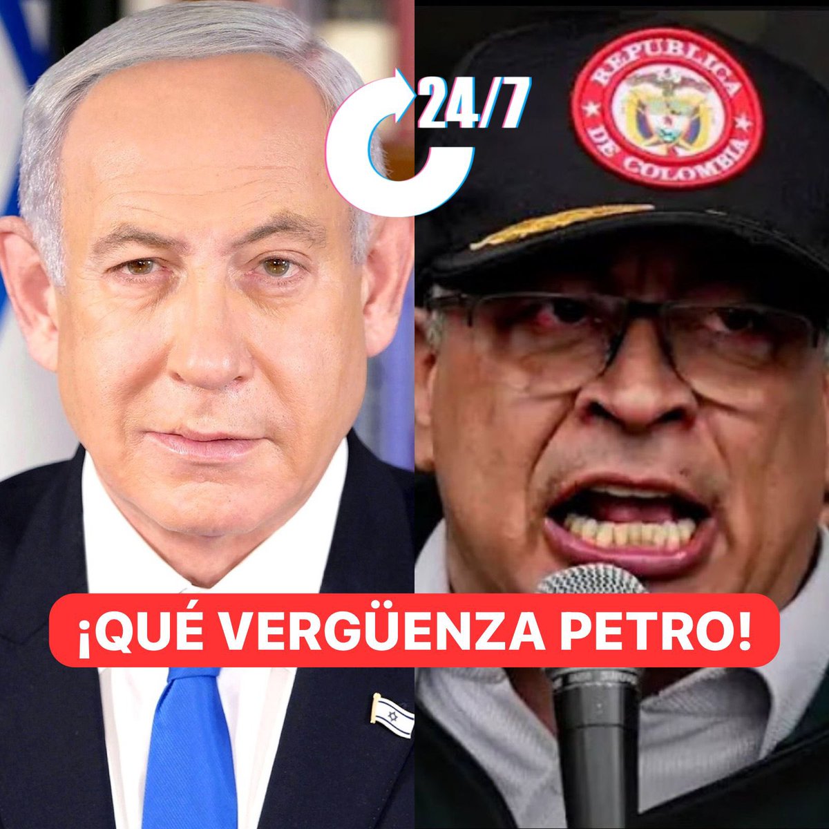 Primer Ministro Netanyahu al exterrorista Petro: 

“Israel no se dejará sermonear por un partidario antisemita de Hamás, una organización terrorista genocida que masacró, violó, mutiló y quemó vivas a 1.200 personas inocentes el 7 de octubre. ¡Qué vergüenza, presidente Petro!”