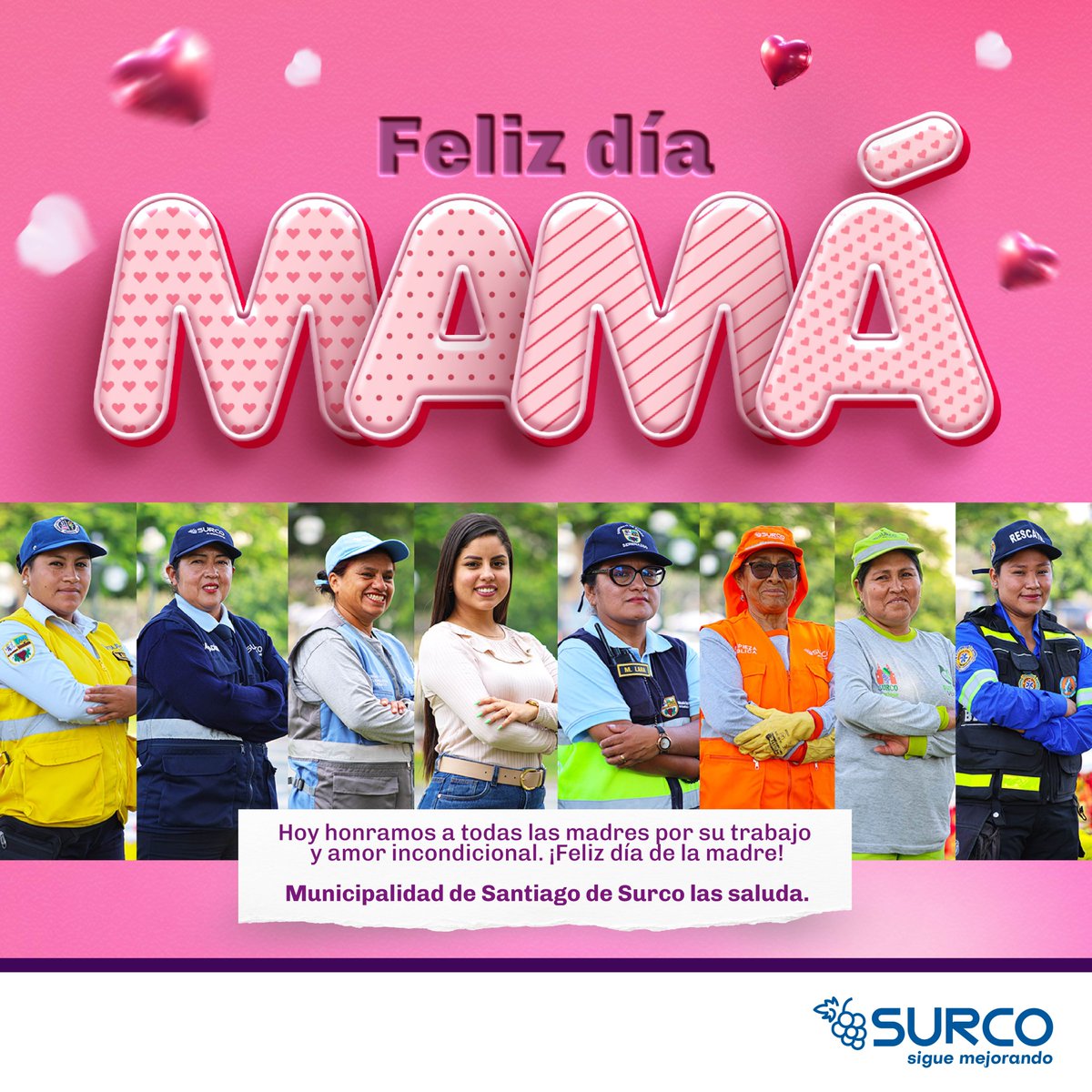 Las mamás siempre merecen ser celebradas. Solo hoy, hacemos una pausa para que todo el país, unido, exclame: ¡Feliz Día de la Madre! 🌷 Gracias por ser el pilar de sus familias y por hacer de #Surco un lugar extraordinario. 💐 #DiaDeLaMadre #SurcoSigueMejorando