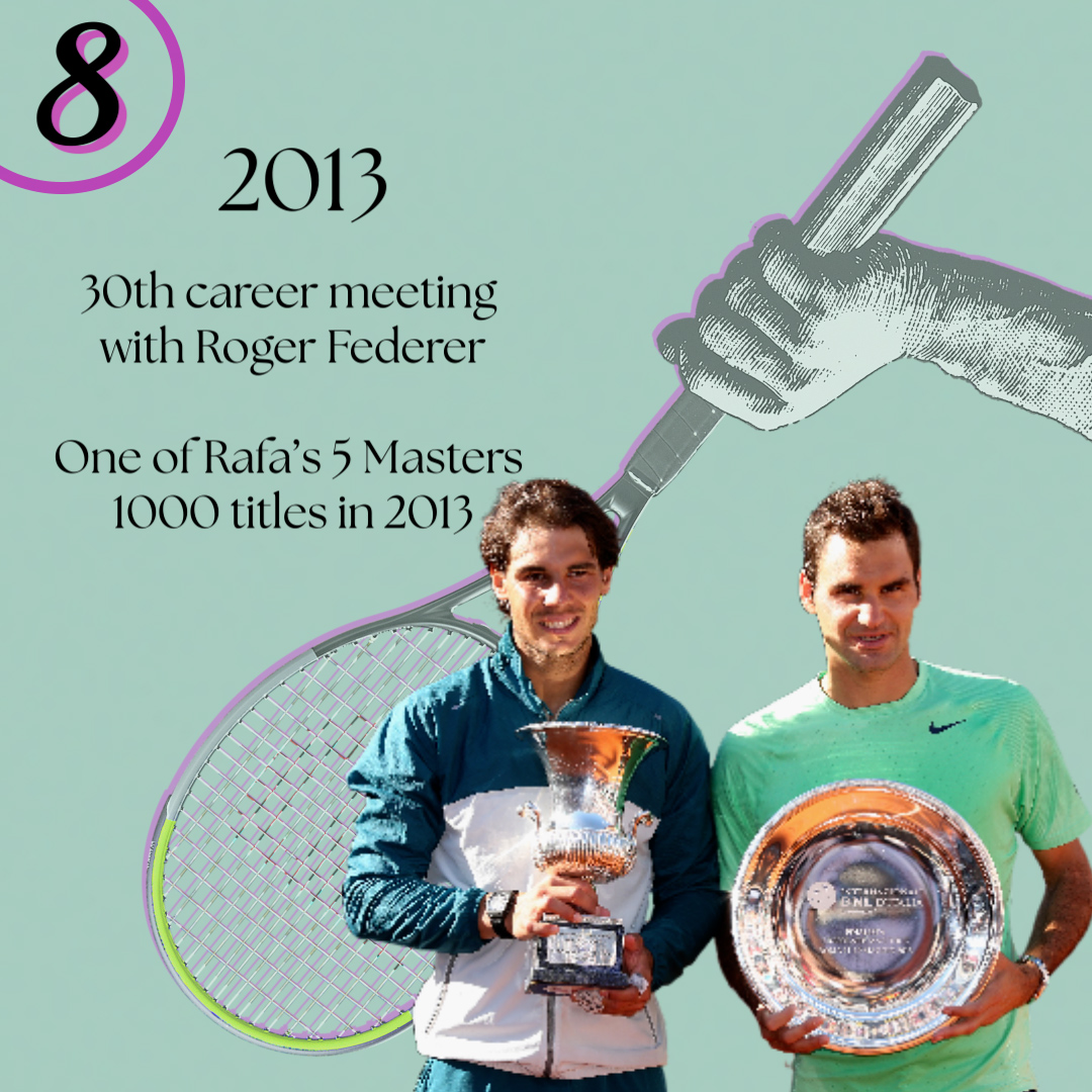 2013- This was Nadal's 2nd-best season ever. He won 10 titles, including 2 Majors and 5 Masters 1000's. He'd notch a 20th win over Roger Federer in their 30th career meeting in the Italian Open final.