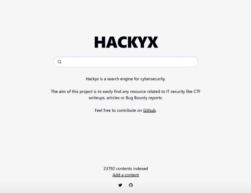 HACKYX 

The aim of this project is to easily find any resource related to IT security like CTF writeup, article or Bug Bounty reports (I didn't verified yet). 

Author: Aituglo 

Visit: hackyx.io

NB: Content Sharing != Content Stealing 

#Hacking #infosecurity…