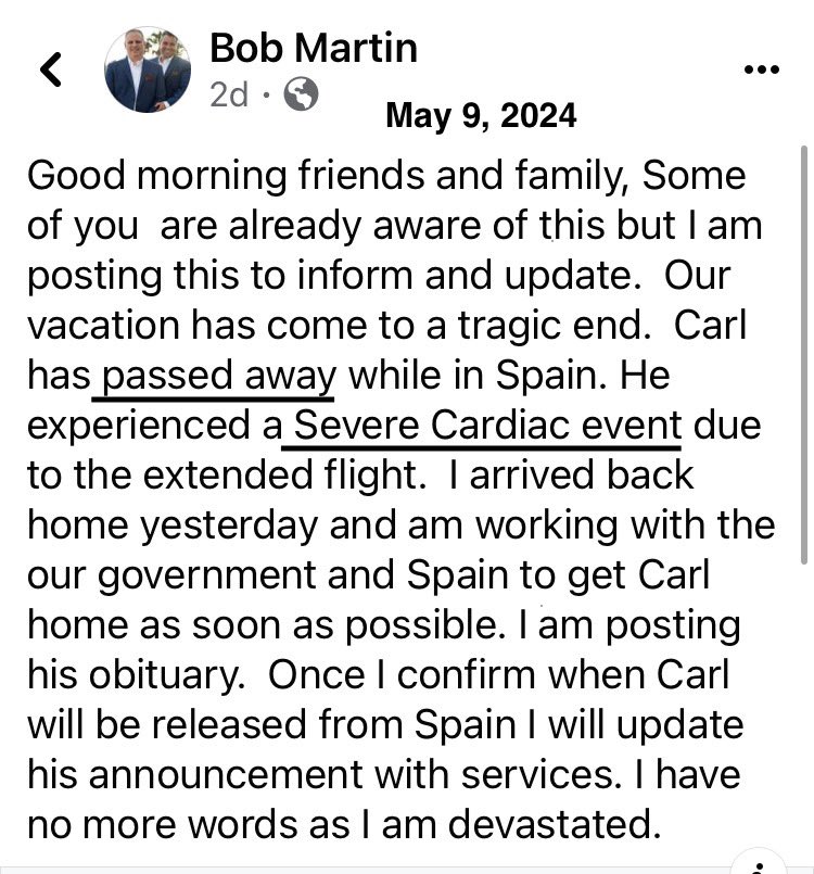 “Great news! All adults eligible for vaccine April 5”

“Carl has passed away while in Spain.  He experienced a Severe Cardiac event due to the extended flight.”

Vaccinated man posted that his 46 year old husband #diedsuddenly while on vacation 
(May 2024)