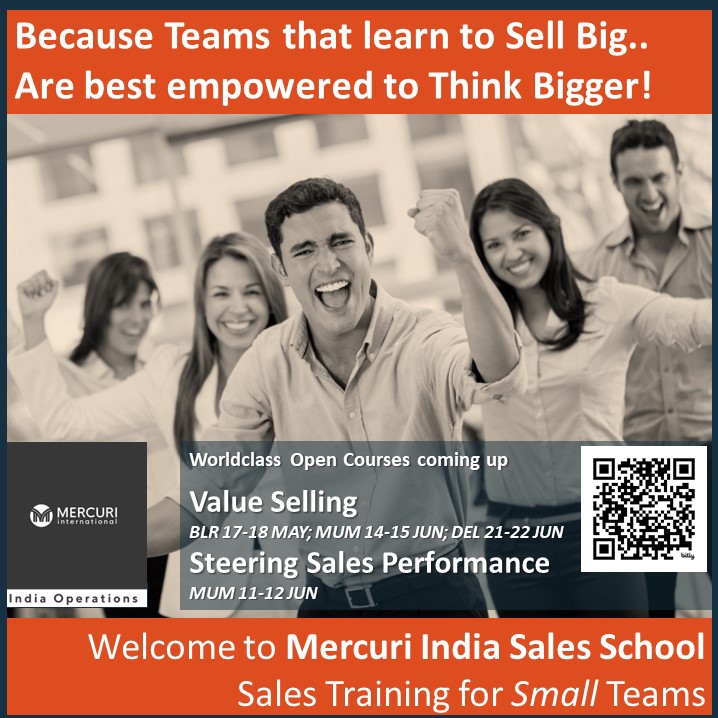 Dear Sales Leader, Want to nominate your Sales Team for this world class #SalesTraining experience? Ping us @ zurl.co/8nFC , or email mary@mercuri-india.com Limited Seats! #b2bsales #businessdevelopment #salestraining #salesmanagement #businessdevelopment