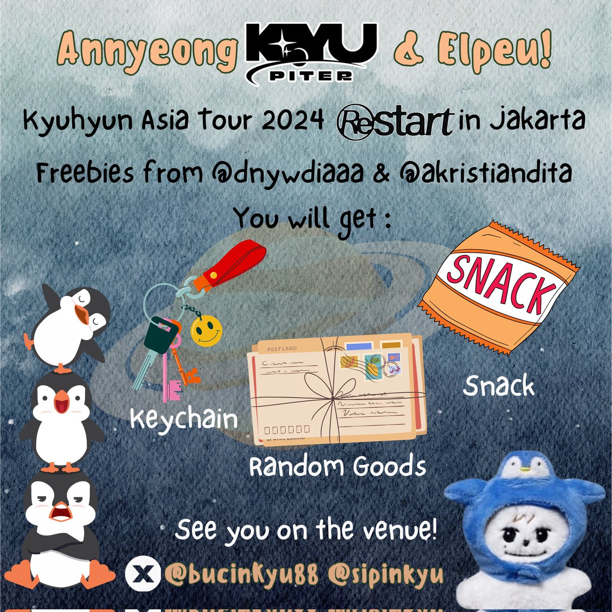 [FREEBIES Kyuhyun Asia Tour RESTART in Jakarta]
Made by me & @sipinkyu
📅 Sat, May 18th, 2024
📍Tennis Indoor Senayan
⏰ TBA (maybe around 4-5 pm)
How to claim :
- Avail for ticket holder only (show me your wristband)
- RT & Like this tweet
See you on the venue Elfs!