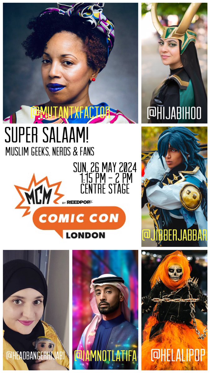mutantxfactor's tweet photo. #salaamfandom debuts @MCMComicCon London 🎉 featuring @helalipop @NA3AMGames @HijabiHoo @headbangerhijab @jibberjabbar_ 😀 https://t.co/SPcQHcPVdA