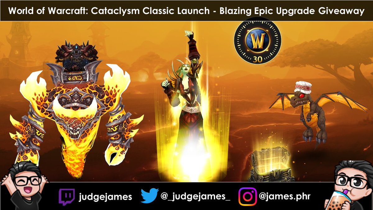 Cataclysm Classic launches on May 20! To celebrate, I am hosting a giveaway for a Blazing Epic Upgrade to your Cataclysm experience! #WoW_Partner #CataClassic

To enter:
✅ Follow | ❤ Like | 🔁 Retweet
🌎 Americas/OCE only
🎟 Winner drawn May 20, 2024

Good luck, and have fun!