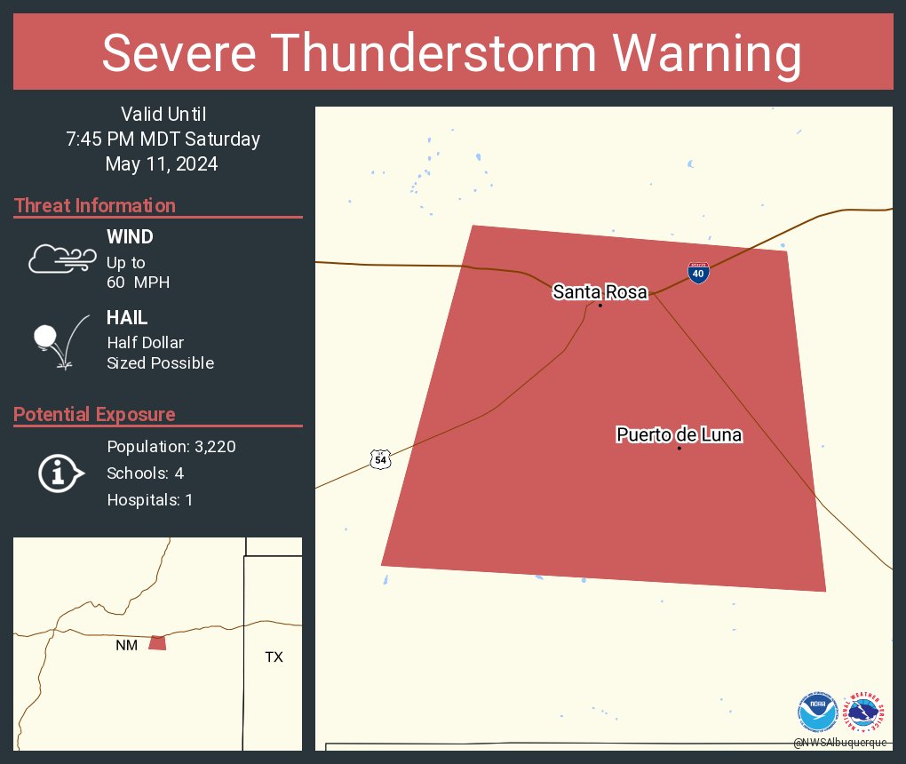 Severe Thunderstorm Warning continues for Santa Rosa NM and Puerto de Luna NM until 7:45 PM MDT