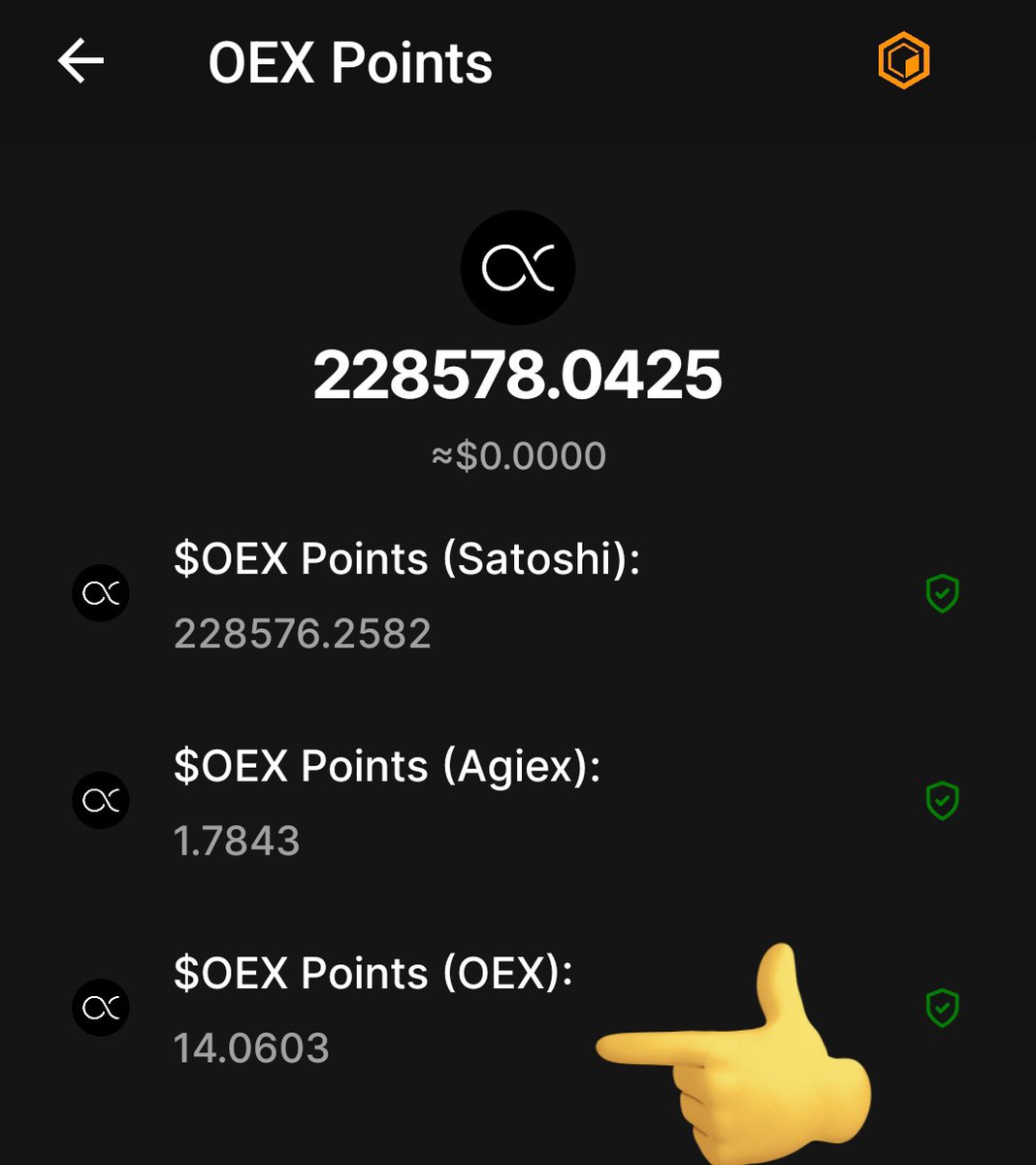 Great News 🎉 
📢 Final sync of $OEX points rewards from #SatoshiApp has been completed. 
♾️ Please open #OEXApp to check if your address has been successfully bound. 
💯 Your $OEX points will be converted at a 1:1 ratio with $OEX tokens. 
 🔶 Listing & Withdrawal Coming Soon