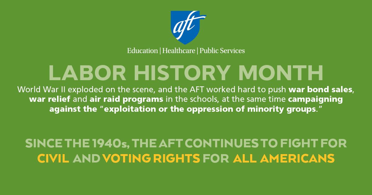This #LaborHistoryMonth, AFT is proud to celebrate the progress we've made as working people and the continued progress we make as a labor movement. Celebrate Labor History Month with us by sharing this graphic & check back for more all month! ✊