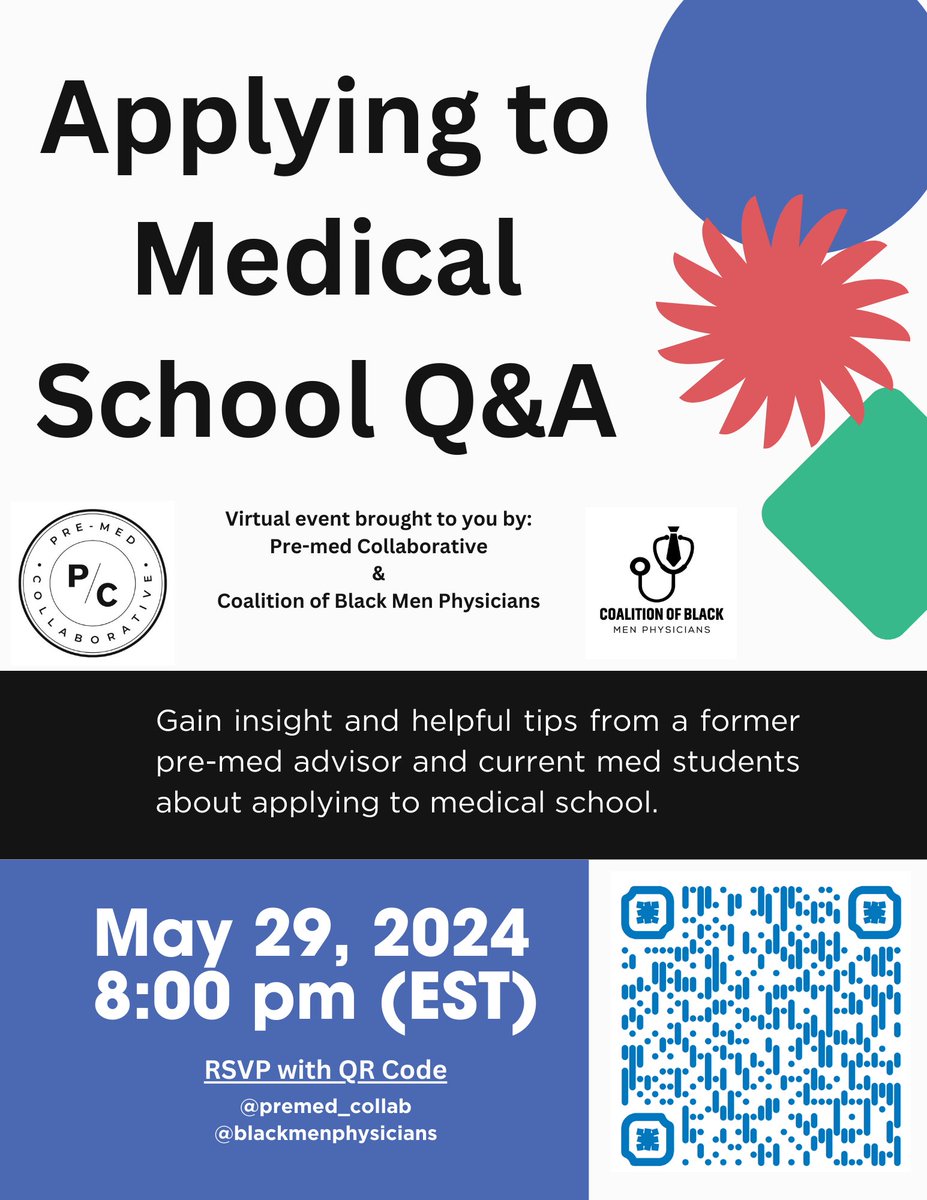 Join us on May 29th at 8PM EST for our virtual session with @premed_collab for advice from college advisors and current medical students on applying to medical school! RVSP docs.google.com/forms/d/1p3cWj…