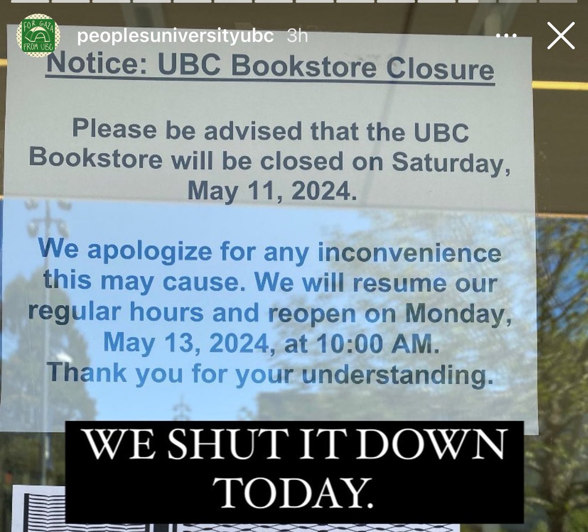 @UBCBookstore @UBC Some of the anti-Israel campers at @ubc ventured out of MacInnes Field to close the bookstore. They say police ejected them. #bced #bcpoli
