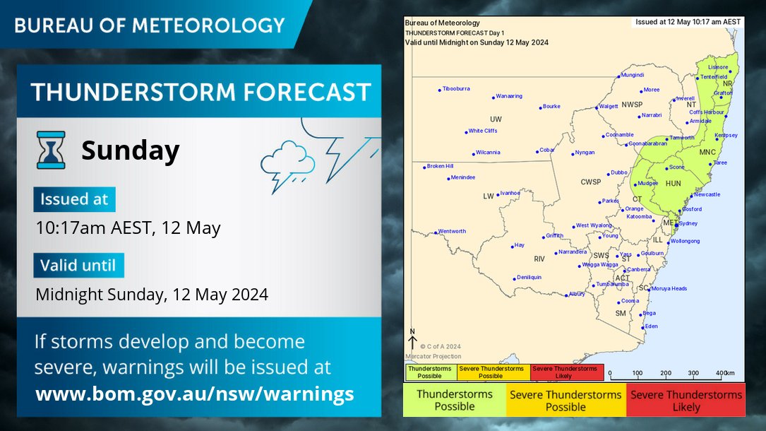 #Thunderstorms are possible about northeast parts of #NSW today, including as far south as #Sydney. This risk of thunderstorms will contract to the coast by this evening and then likely to clear overnight to a more settled day across the state on #Monday: ow.ly/VPTj50RCuzF