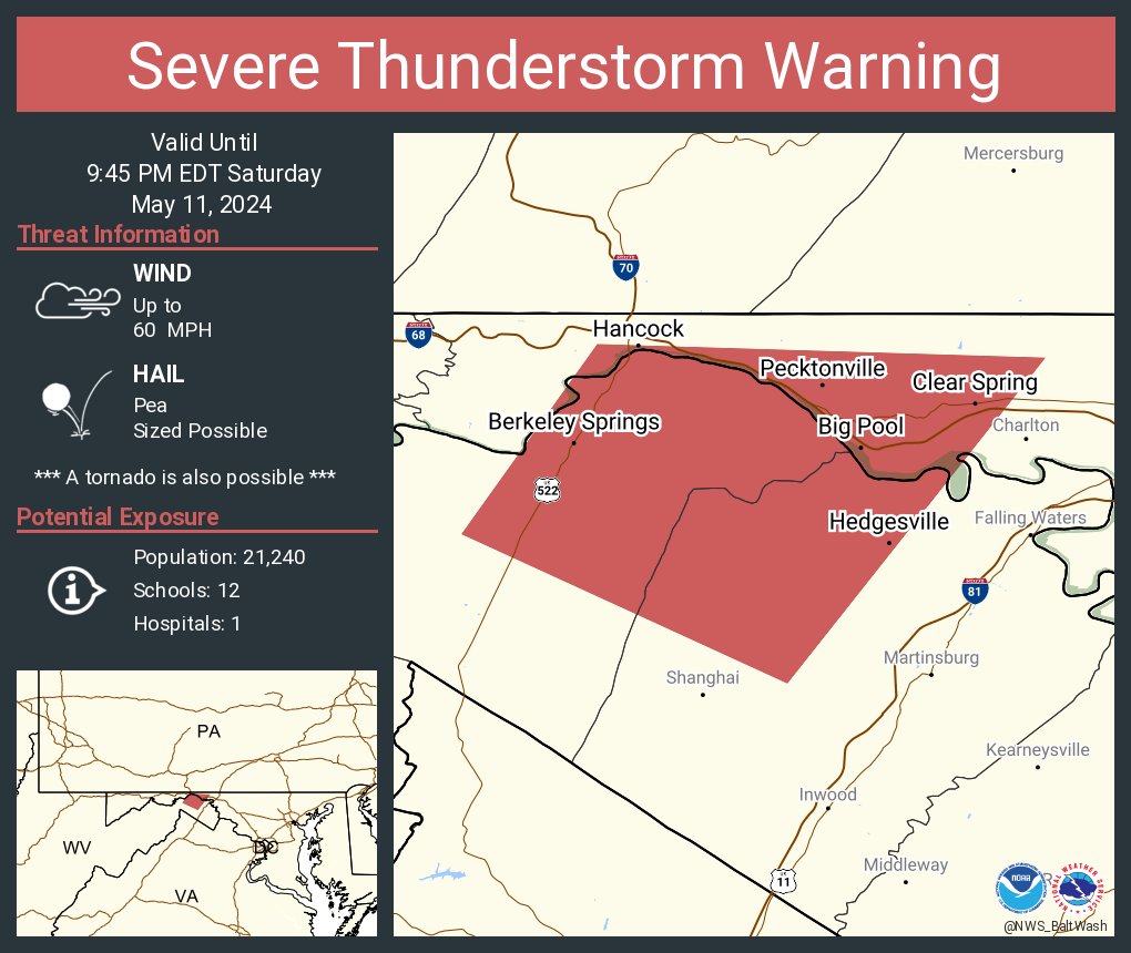 Severe Thunderstorm Warning continues for Hancock MD, Berkeley Springs WV and Clear Spring MD until 9:45 PM EDT