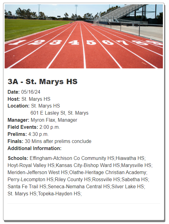 KSHSAA 3A Regional, St. Marys HS, St. Marys Ks Thursday May 16th
<a href="/acctigers/">ACC Tiger Nation</a> <a href="/BenKettler1/">Hiawatha Track and Field</a> <a href="/RV337/">Royal Valley</a> <a href="/WARD_Athletics/">Bishop Ward Athletics</a> <a href="/MarysvilleKsUSD/">Marysville Bulldogs</a> <a href="/JWHS_KS/">Jeff West HS</a> <a href="/HCAKCTrack/">HCA KC Chargers T&F/XC</a> <a href="/PLHSKAWS/">Perry-Lecompton HS</a> <a href="/rileycountyTF/">RCHS Track & Field</a> <a href="/RossvilleDawgs/">Rossville Dawgs</a> <a href="/SabethaBluejays/">Sabetha Bluejays</a> <a href="/sfthscharger/">Santa Fe Trail HS</a> <a href="/nchsthunder/">Nemaha Thunder</a> <a href="/SilverLakeEagle/">Silver Lake Schools, USD 372</a> <a href="/SMHS_TFXC/">St. Marys Bears XCTF 🐻</a> @CoachGardenhire