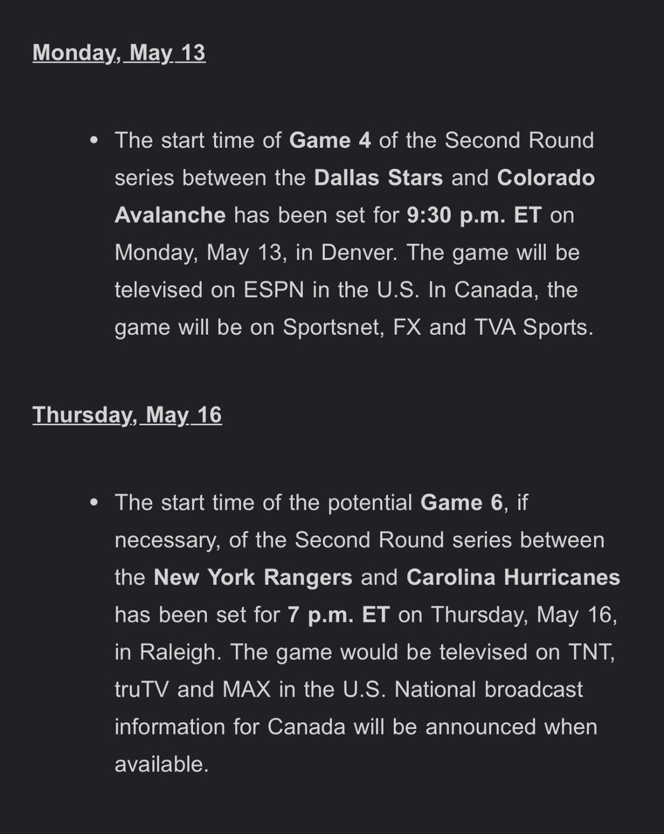 Some updated nhl start times for Monday and Thursday