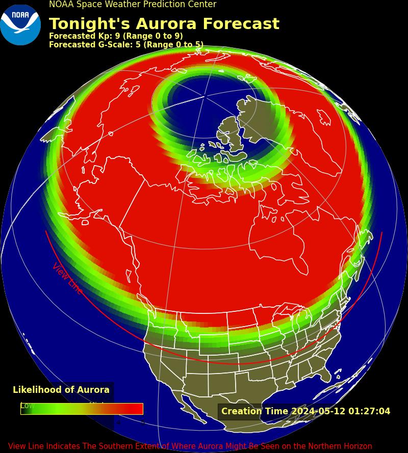 💥 UPDATED 8:30 PM Aurora forecast MAY 11-12, 2024 Tonight's map shows a northern shift compared to last night, so Tennessee's shot of seeing the show has diminished. But, like last night, there are no certainties. By nature, each aurora flexes and flows at will. Good luck!