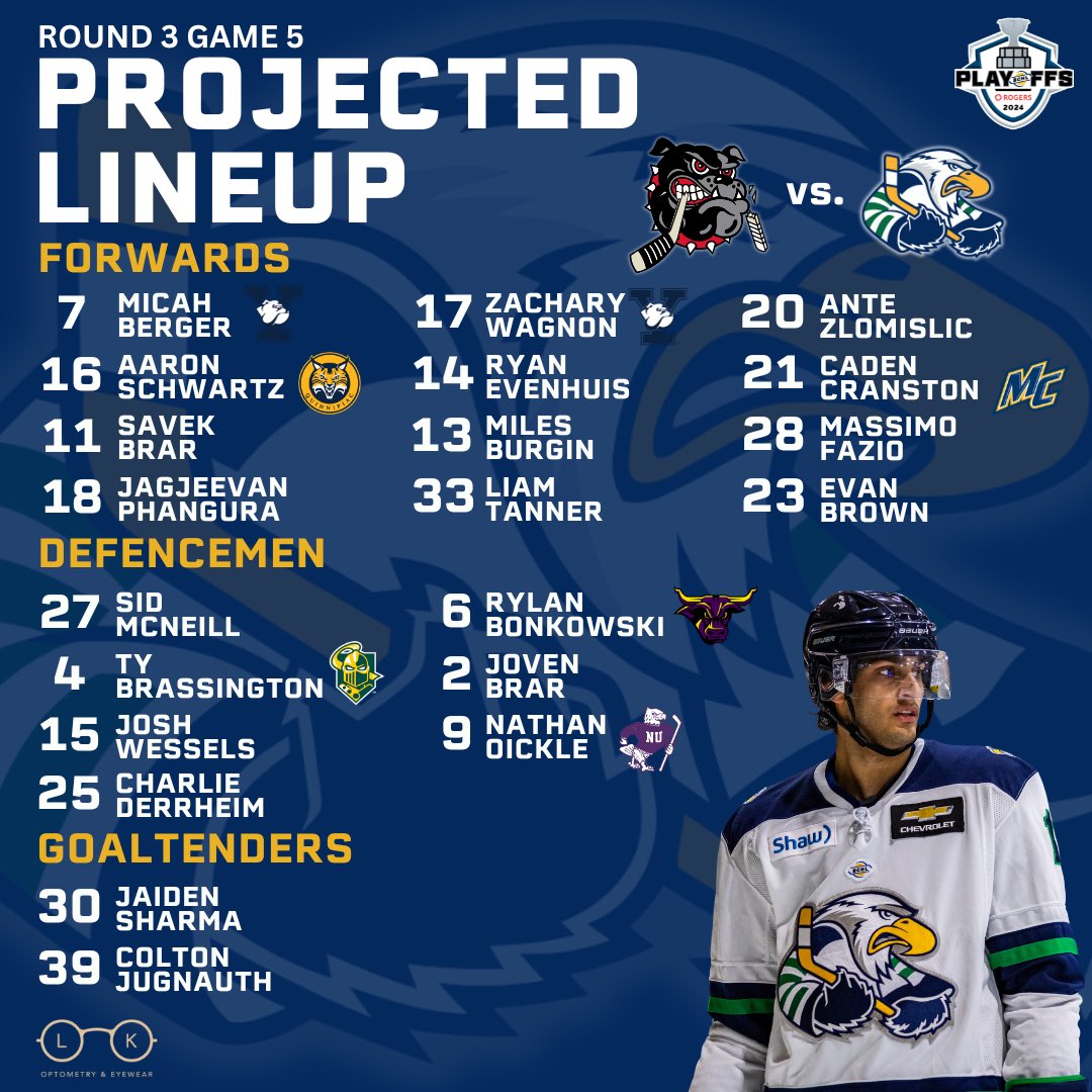 Here is our projected lineup for game 5️⃣ of the Coastal Conference Finals! 🦅

#NowWeGo | #Surrey | #BCHL