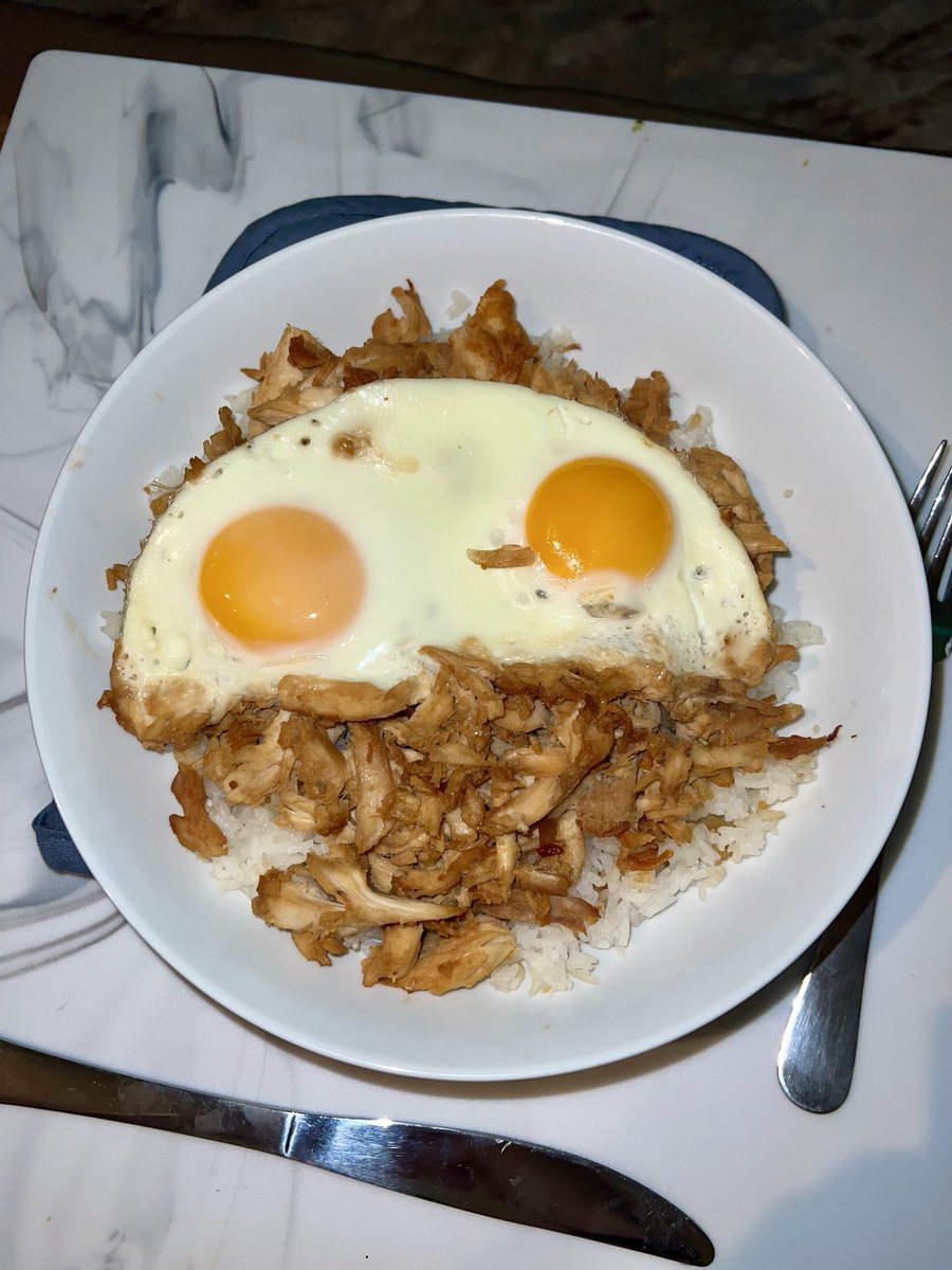 Jasmine Rice, Rotisserie Chicken reheated w/ teriyaki sauce & cultured butter on a pan skillet + 2 fried eggs