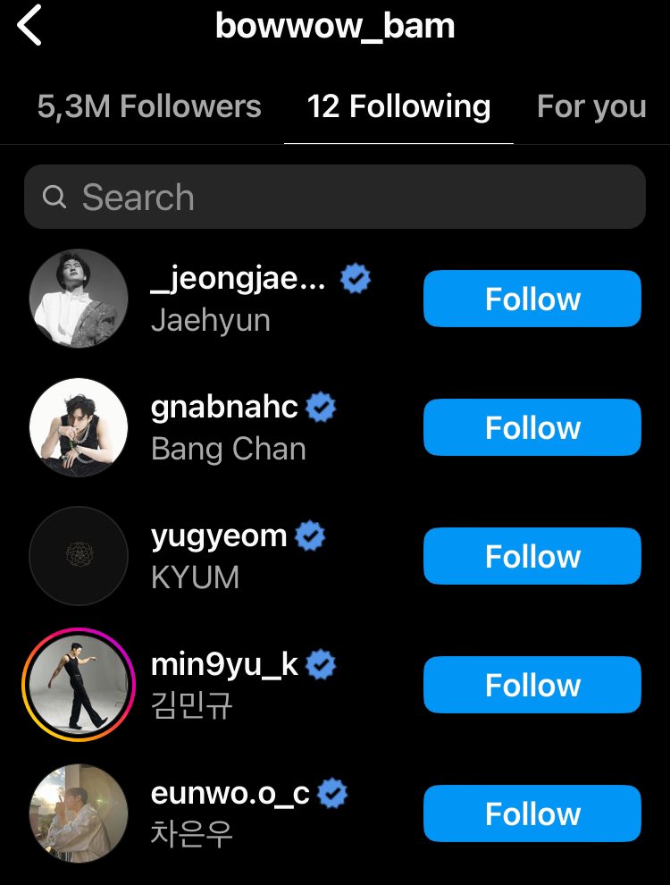Bam (aka Jungkook) has just followed Eunwoo, Mingyu, Yugyeom, Bang Chan and Jaehyun on Instagram.