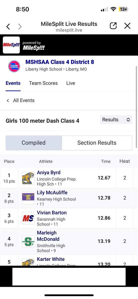 I had Class 4 District 8 track meet today! I get to move onto sectionals in the 100m dash and the 4x100m relay! I got 4th in the 100m dash today, and my 4x100m relay got first with a team PR of 50.39! @TGASciara @topgunfastpitch @BTurner_75 @CoachCorcoran39