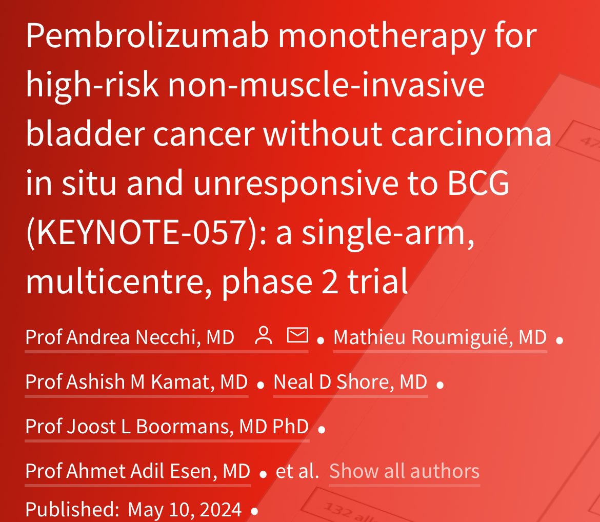 📢Pembrolizumab monotherapy for high-risk NMIBC without carcinoma in situ and unresponsive to BCG 
KEYNOTE-057, cohort B
@TheLancetOncol 

✅Primary endpoint ➡️12-month disease-free survival: 43·5% (95% CI 34·9–51·9)
🚨14% had grade 3 or 4 treatment-related AE

✅Potentially an