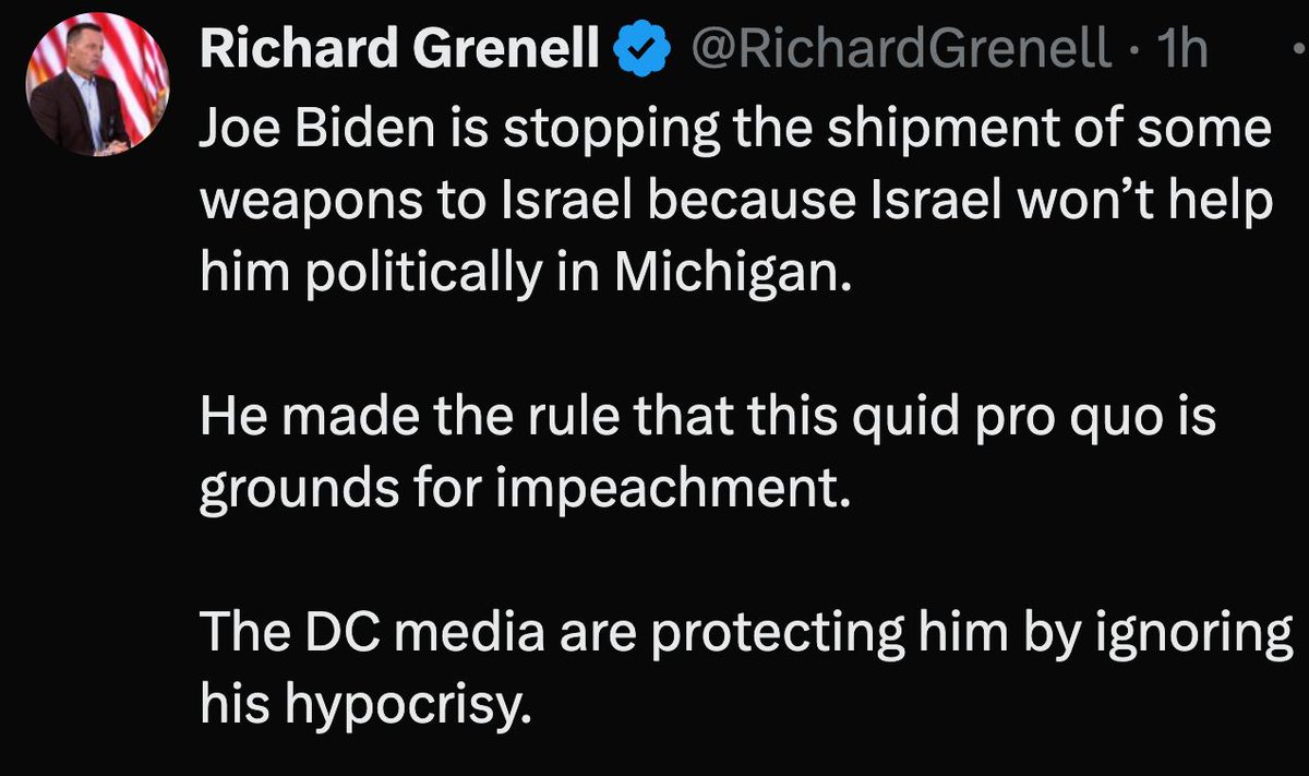 Joe Biden is stopping the shipment of some weapons to Israel because Israel won’t help him politically in Michigan. The DC media are protecting him by ignoring his hypocrisy x.com/RichardGrenell… #BidenTreasonFamily