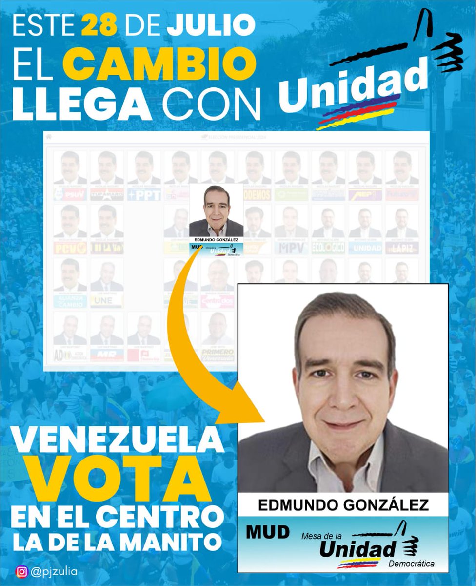 ¡Atención, Venezuela! Cuenta cinco a la derecha y baja uno, a la manito, allí encontrarás la tarjeta de la Unidad. Este #28julio vamos todos con @EdmundoGU a abrir las puertas al país de progreso y oportunidades que tanto anhelamos los venezolanos.