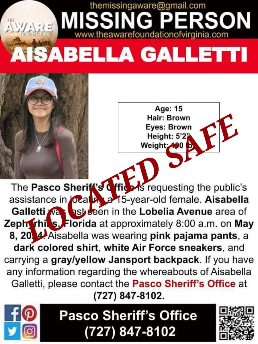 UPDATE: AISABELLA has been located and is SAFE. Thanks again for your help. #TheAWAREFoundation