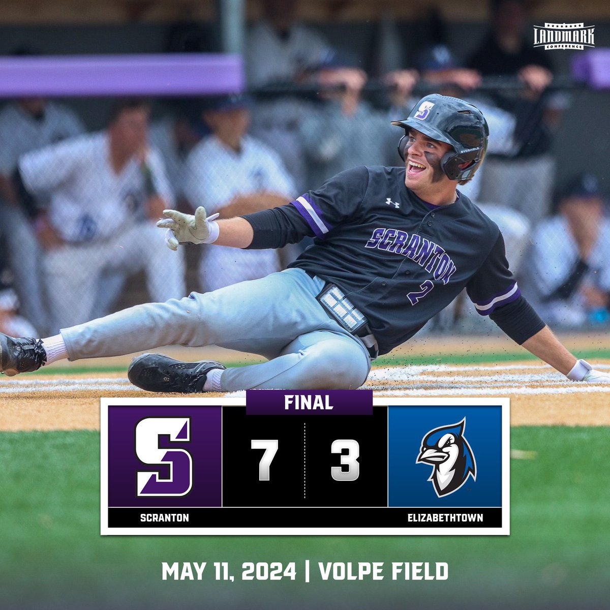 LANDMARK CHAMPIONSHIP BOUND‼️

@UofS_Baseball advances to tomorrow’s @LandmarkConf championship with a 7-3 win over Elizabethtown! ⚾️

💎 Hunter Ralston tossed a COMPLETE GAME 
🧃Jake Elston hit an INSIDE-THE-PARK GRAND SLAM 

#GoRoyals