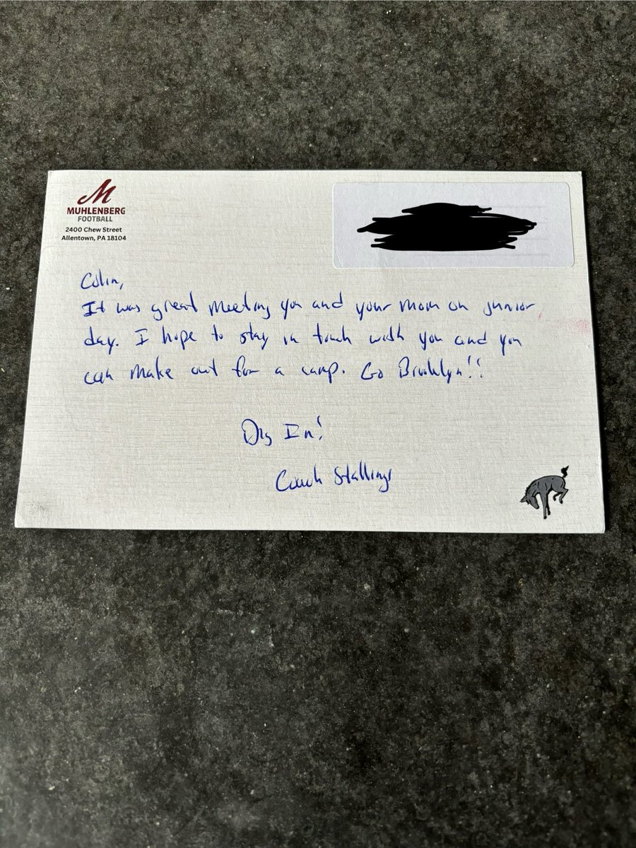 Thank you @22CoachMoe for the postcard! I enjoyed my visit at Muhlenberg and look forward to being back on June 25th for the Offensive Lineman Clinic. #DigIn 

@DigInMules