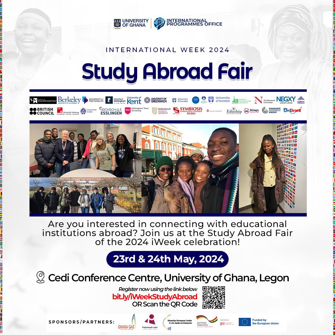Join us at the Study Abroad Fair of the 2024 iWeek celebration on 23rd & 24th May, 2024, University of Ghana Cedi Conference Centre for the Study Abroad Fair with abroad Universities. Register for free now: bit.ly/iWeekStudyAbro… #GlobalConnect #StudyAbroadFair