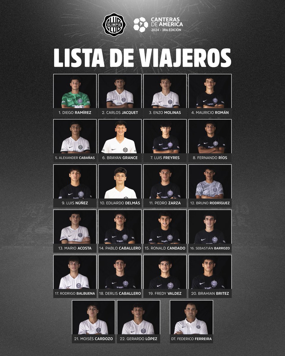 ☑️ Los elegidos por el Profesor Federico Ferreira. 

Nómina de viajeros para disputar el Torneo Canteras de América Sub-17. 

¡Vamos, #Olimpia! 💪🏻 

#SoyDelOlimpia ⚪️⚫️⚪️