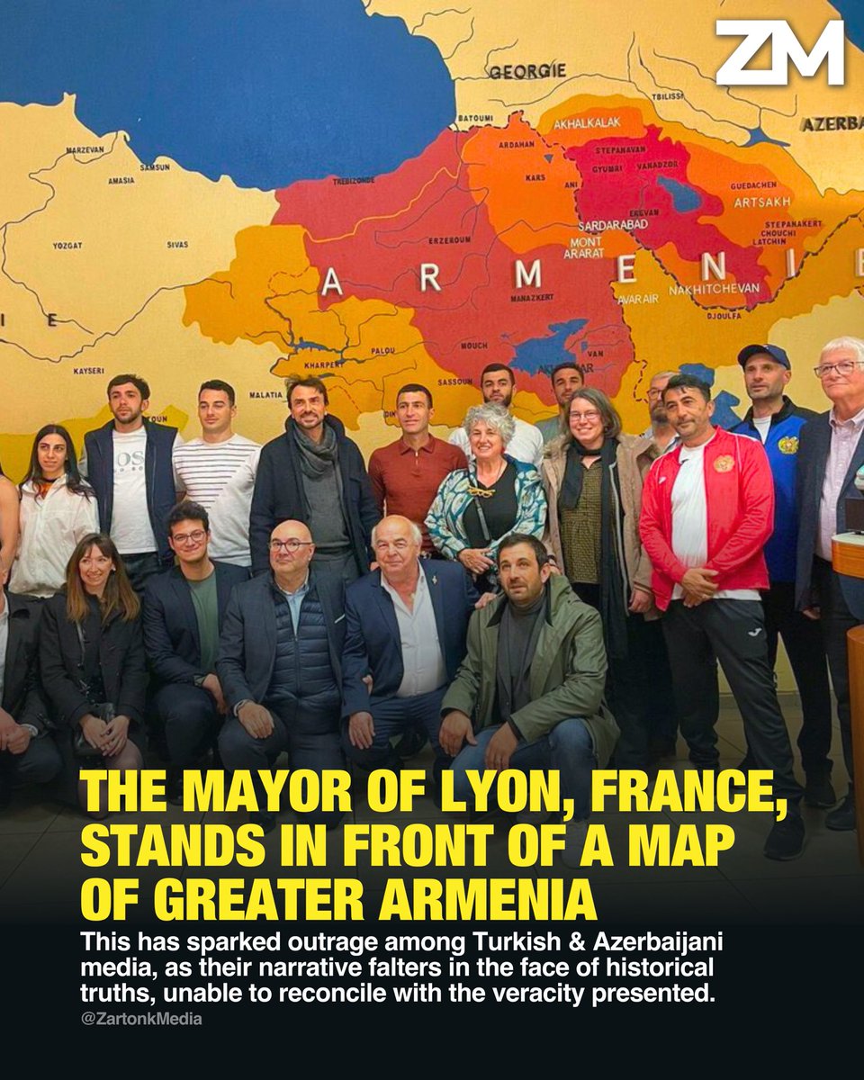 🇫🇷🇦🇲 The Mayor of Lyon, France, stands in front of a map of Great Armenia. This has sparked outrage among Turkish and Azerbaijani media, as their narrative falters in the face of historical truths, unable to reconcile with the veracity presented.