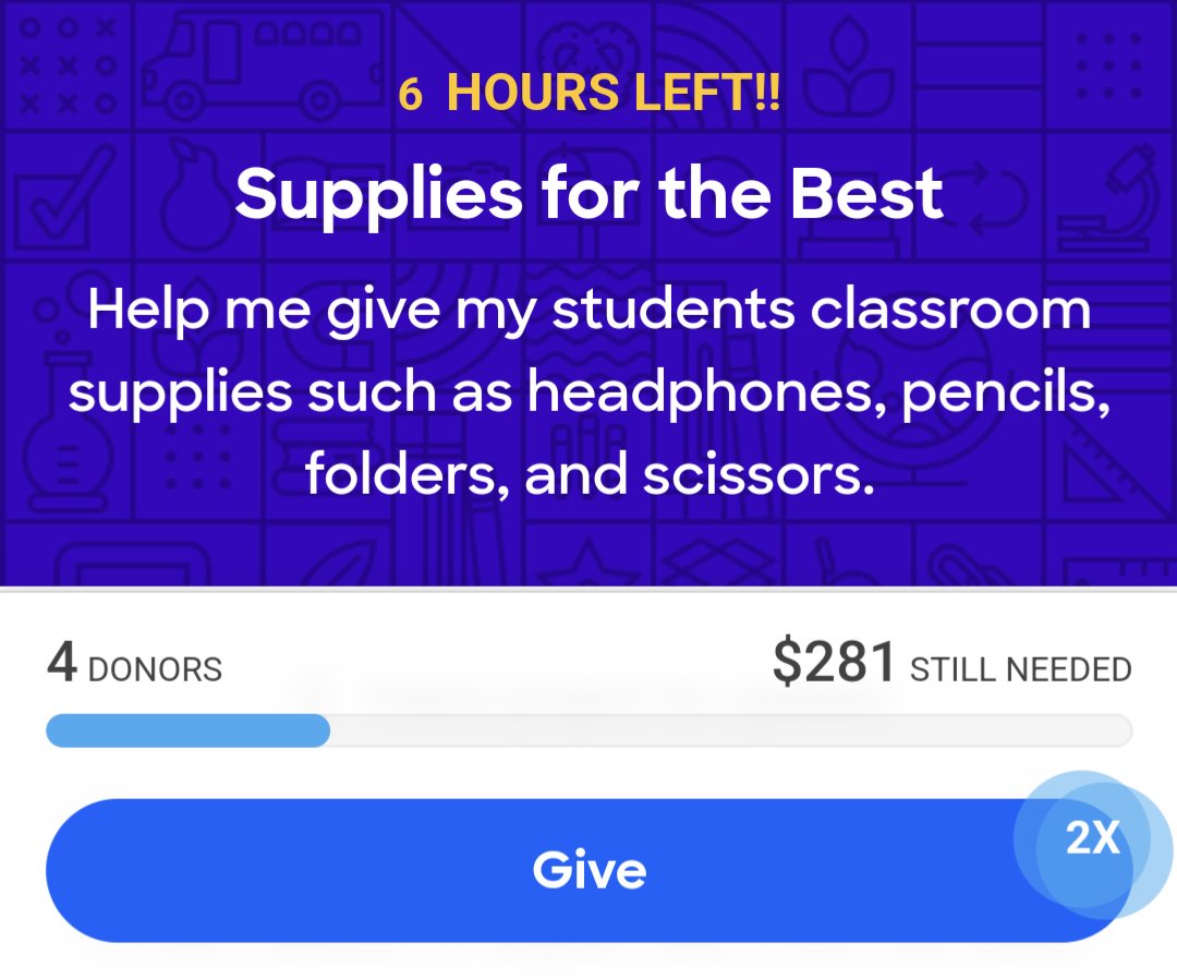 Stephanie Mair (@stephaniemair13) on Twitter photo My <a href="/DonorsChoose/">DonorsChoose</a> project expires in 6 hours.. Please RP 🙏🫶
$141 left with the 2x match! #TeacherAppreciationWeek
❤️Title 1 School NYC
❤️In need of supplies
❤️Students love learning!
My low income students would be so appreciative!
shorturl.at/vJY59 My <a href="/DonorsChoose/">DonorsChoose</a> project expires in 6 hours.. Please RP 🙏🫶
$141 left with the 2x match! #TeacherAppreciationWeek
❤️Title 1 School NYC
❤️In need of supplies
❤️Students love learning!
My low income students would be so appreciative!
shorturl.at/vJY59