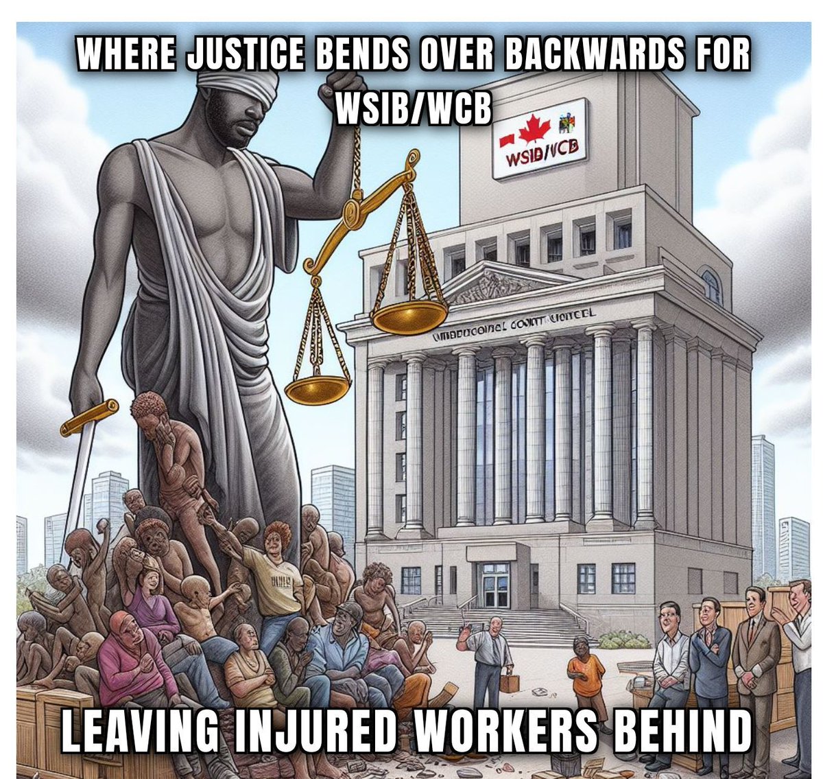 Where justice bends over backwards for WSIB/WCB, leaving injured workers behind. The WSIB often symbolizes blinded justice, with injured workers left to suffer. It's time for change! #InjuredWorkers #WorkersRights #wsib #wcb #workers #canada