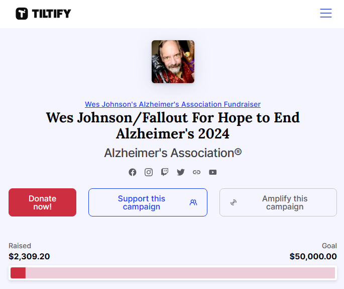 With 36 days to go for @WesJohnsonVoice's VoiceAPalooza charity drive, we've raised $2309.20 so far and main event programming hasn't even begun! Amazing work by our early streamers! #FalloutForHope @ALZNCA