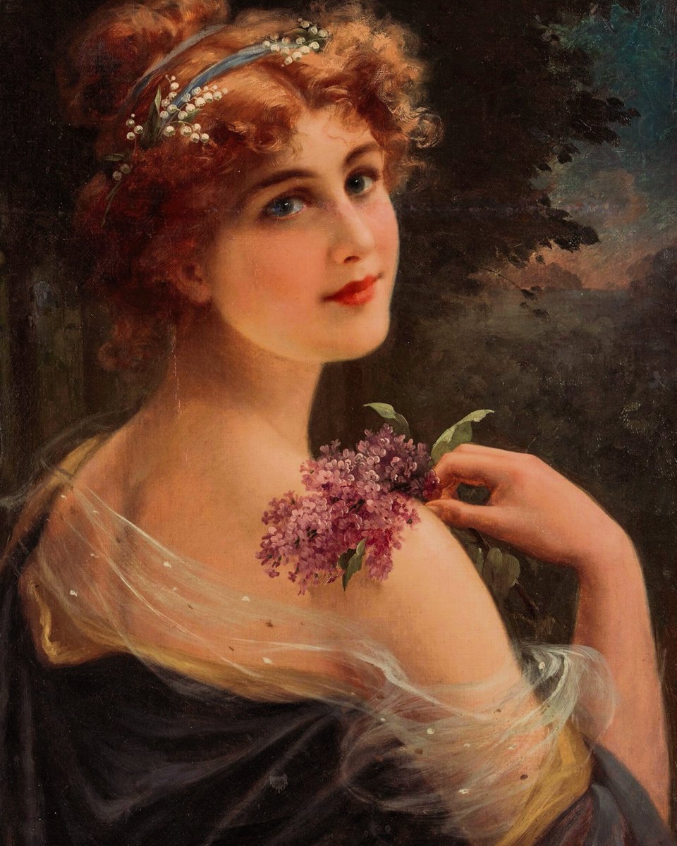 Young Woman with a Sprig of Lilac. Emile Vernon. (1872-1920)🖌️🌹 French Painter.