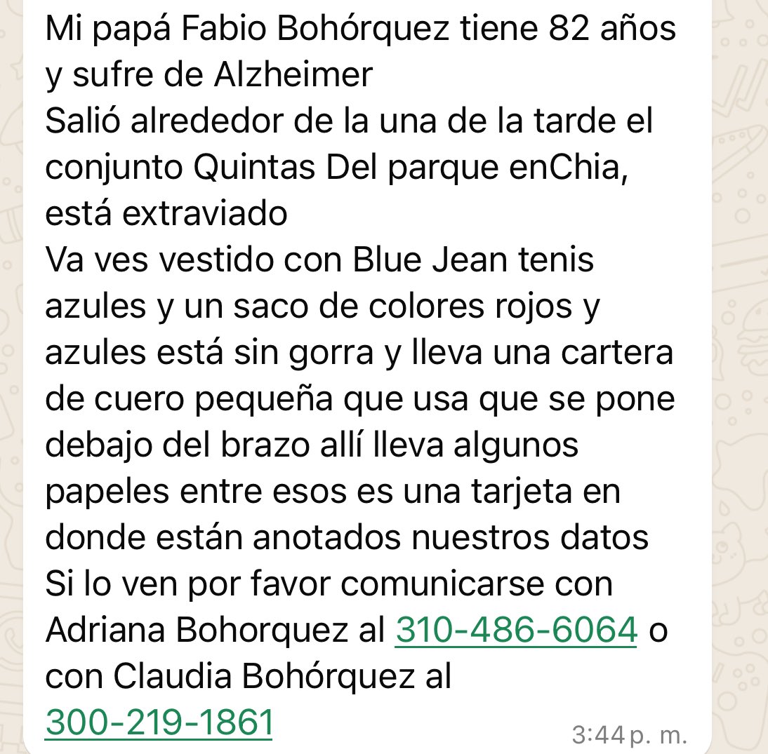 Hola, el señor se llama Fabio Bohorquez, es el papá de una amiga. Les agradezco su difusión. 🙏🏼
