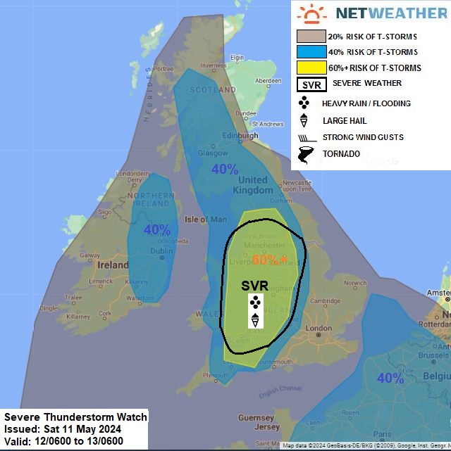 SEVERE THUNDERSTORM WATCH - SUN 12 MAY 2024 ⚡️⚠️ ... SEVERE WATCH FOR SW ENGLAND, E WALES, MIDS, SERN N ENGLAND... -Isolated large hail -Flash-flooding -Isolated damaging wind gusts -Frequent C-G lightning Forecast from @Netweather netweather.tv/weather-foreca…