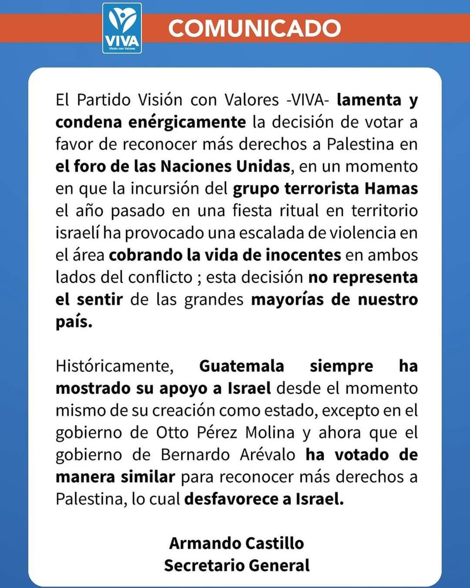 Bancadas de los Partidos Políticos #VAMOS, #Todos, #Unionista y #Viva, rechazan y condenan la decisión del @GuatemalaGob de #BernardoArévalo de votar a favor de la admisión de Palestina como Estado Miembro de Pleno Derecho en la #ONU.
#XelaNews 🇫🇷
Noticias sin injerencias.